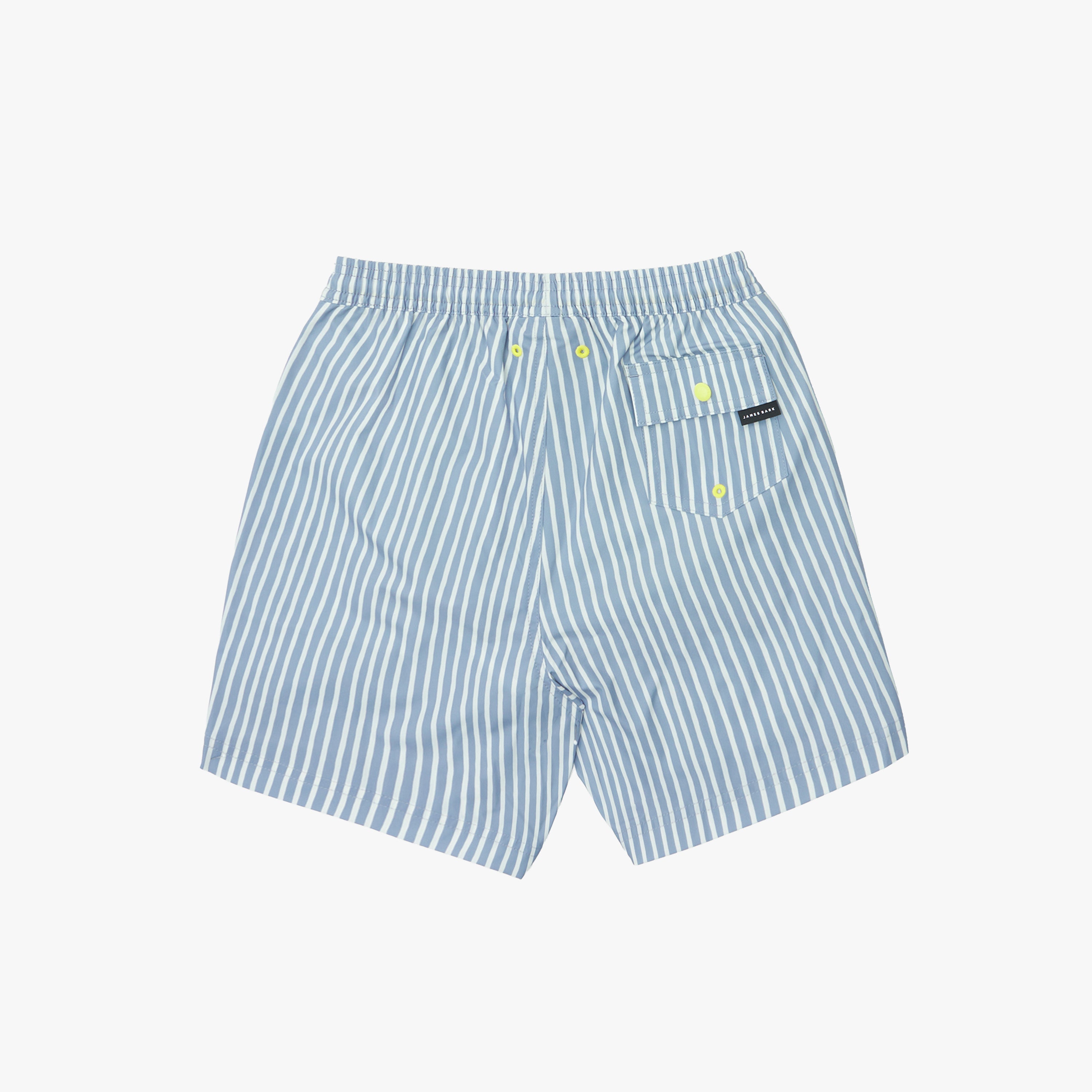 Back view of the blue and white striped swim trunks, showing the elastic waistband and a back pocket with a neon yellow accent