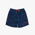 Front view of navy blue men's swim trunks with a nautical print of ropes, sailboats, and shells, accented with a bright red drawstring and a red embroidered logo