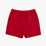 Back of the red shorts with a small logo on a white background