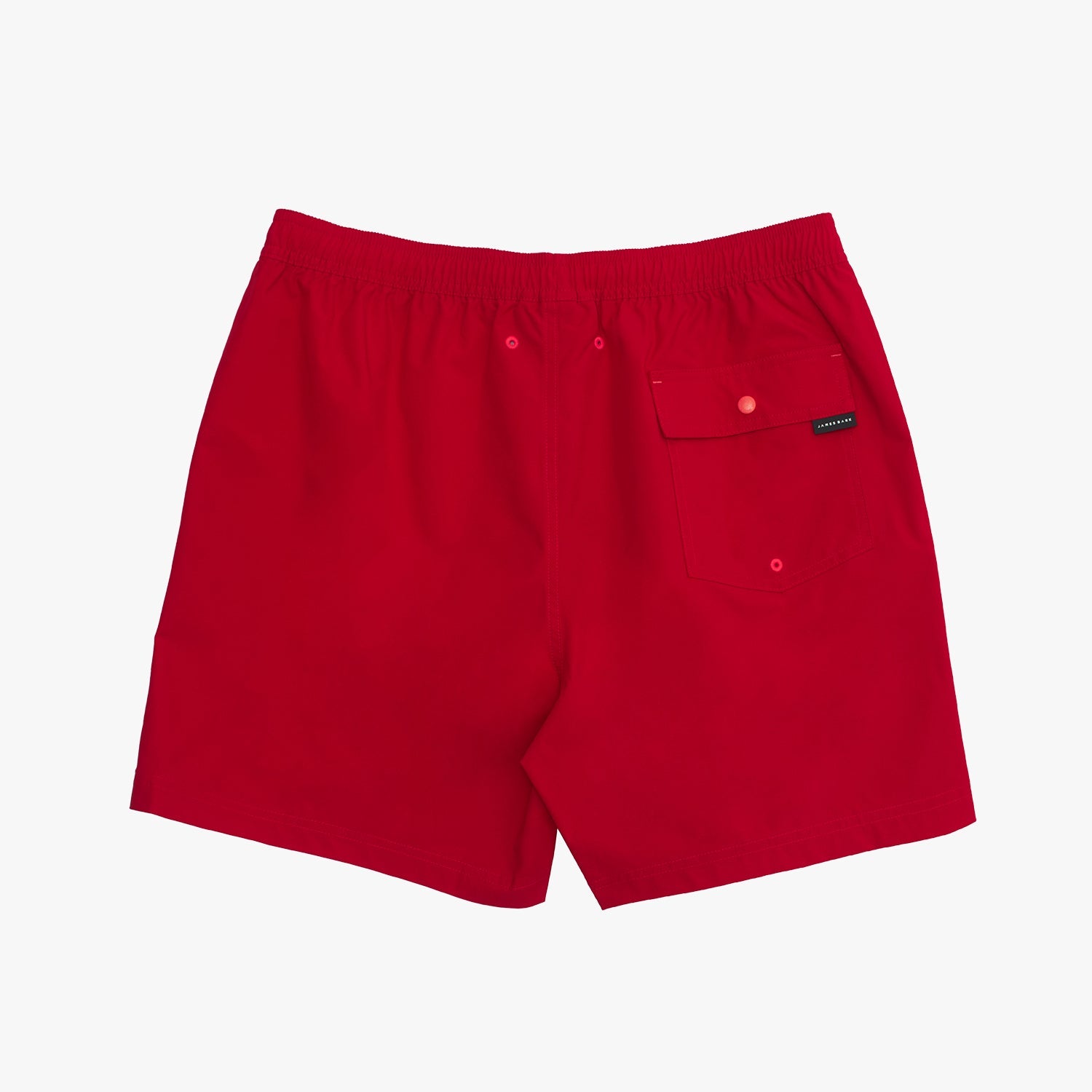 Back of the red shorts with a small logo on a white background