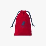 Red drawstring bag with blue logo and text on a white background