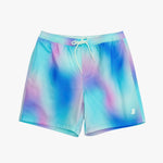Multicolored swim shorts with a drawstring on a white background