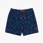 Navy blue swim shorts with colorful pattern and red drawstring on a white background