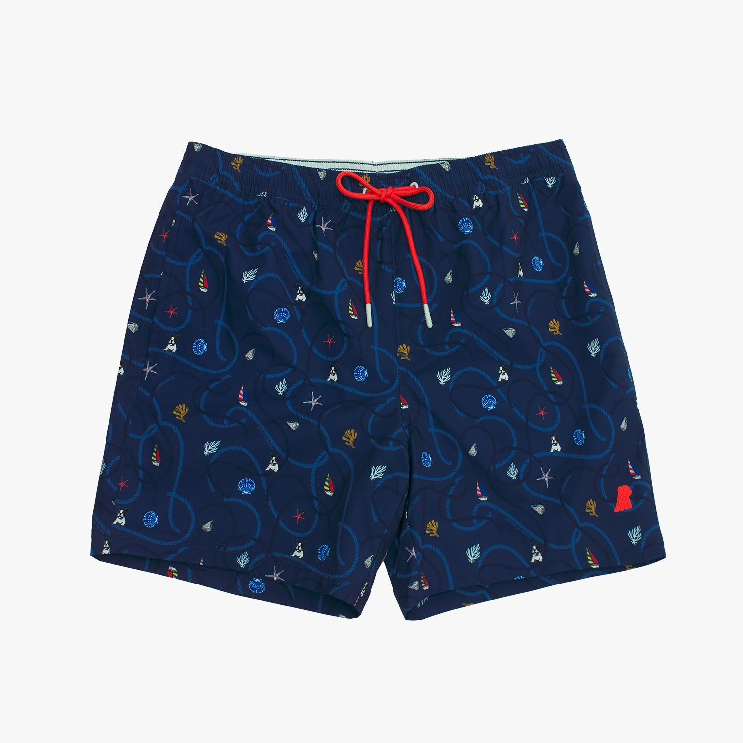 Navy blue swim shorts with colorful pattern and red drawstring on a white background