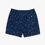 Back of the navy blue shorts with colorful pattern on a white background