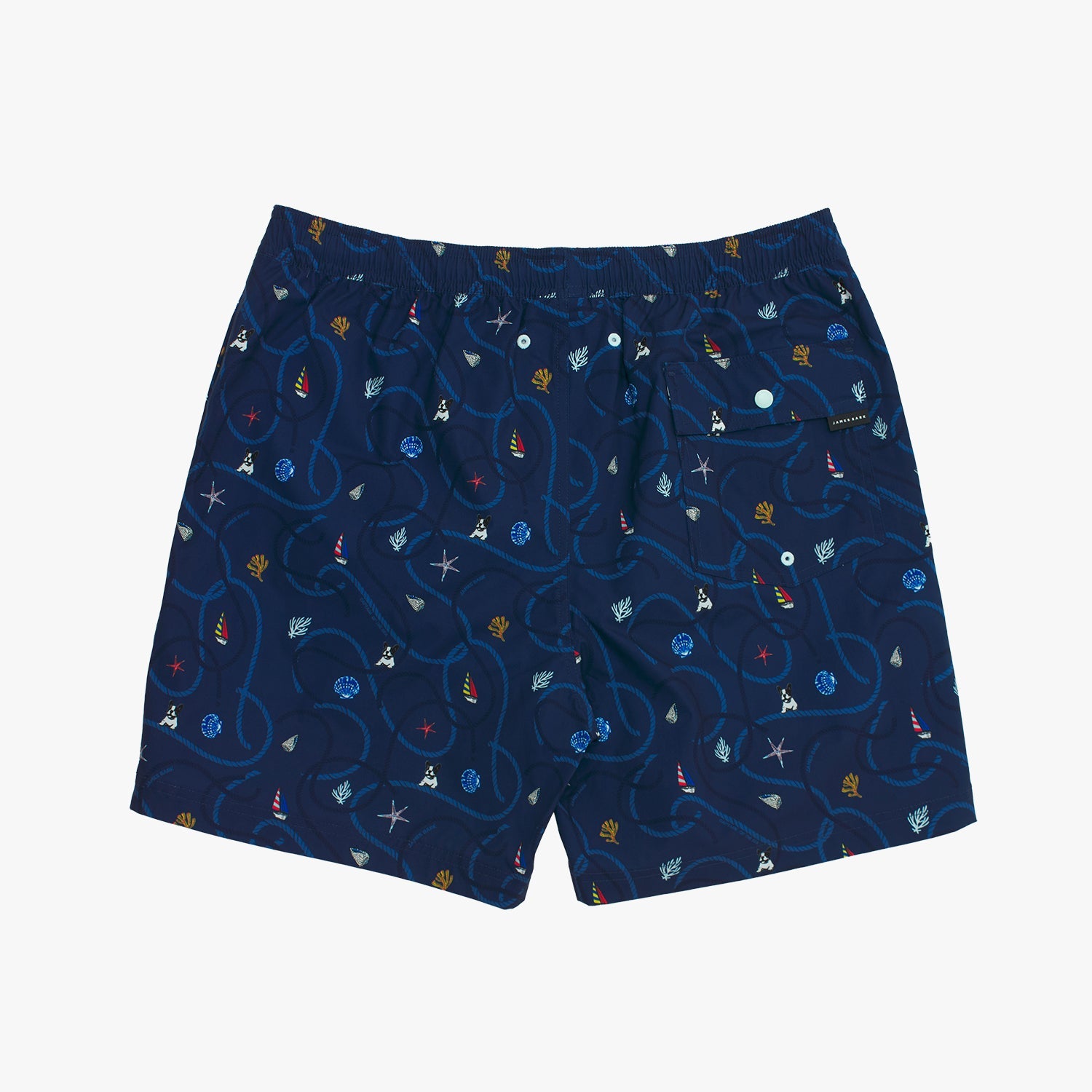 Back of the navy blue shorts with colorful pattern on a white background