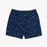 Back of the navy blue shorts with colorful pattern on a white background