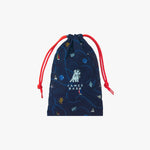 A matching navy blue drawstring pouch with a nautical print, featuring bright red cords and the "JAMES BARK" logo in the center