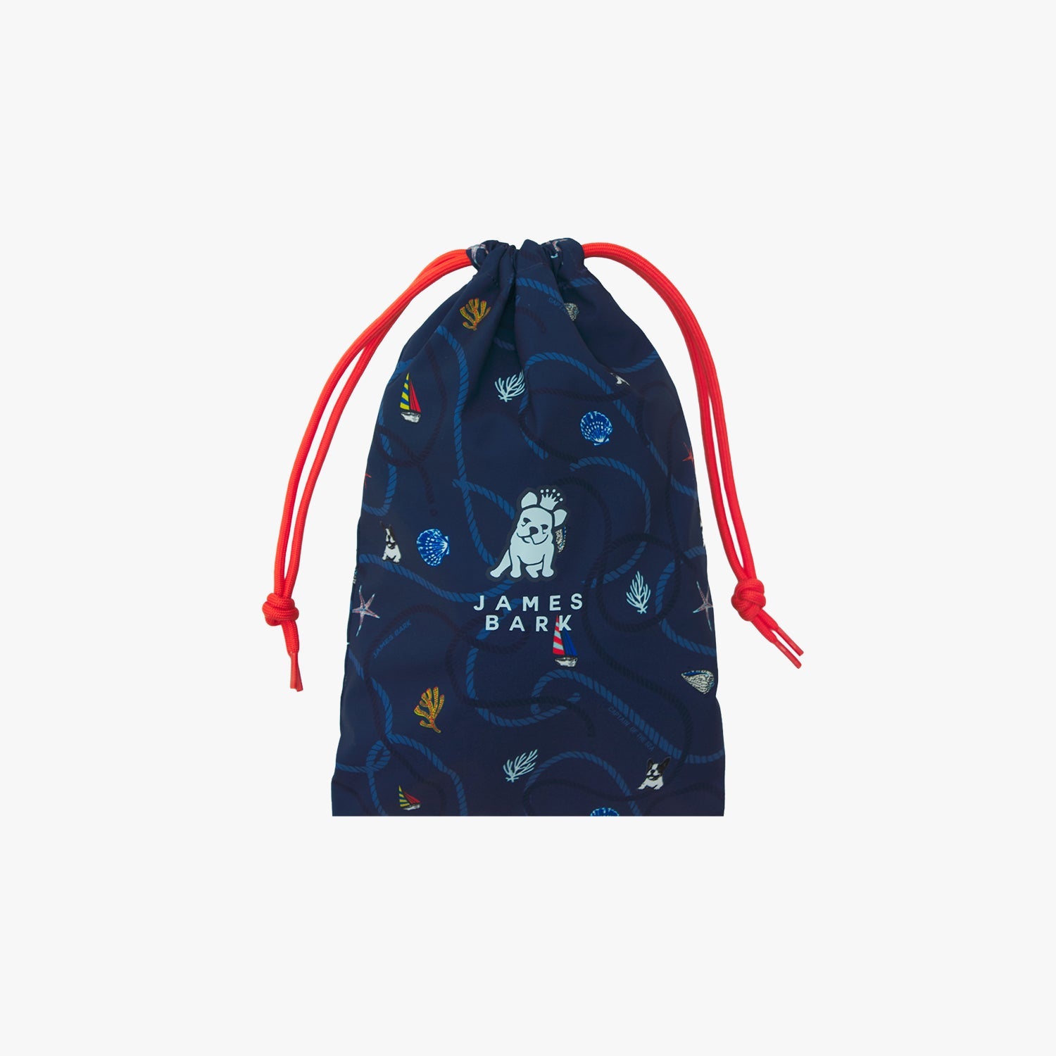 A matching navy blue drawstring pouch with a nautical print, featuring bright red cords and the "JAMES BARK" logo in the center