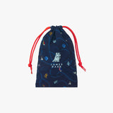 A matching navy blue drawstring pouch with a nautical print, featuring bright red cords and the "JAMES BARK" logo in the center