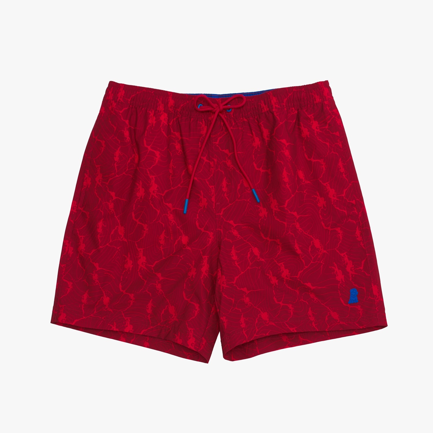 Red swim shorts with a subtle pattern on a white background