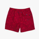 Back of the red patterned shorts on a white background