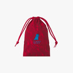 Red drawstring bag with a blue logo and text on a white background