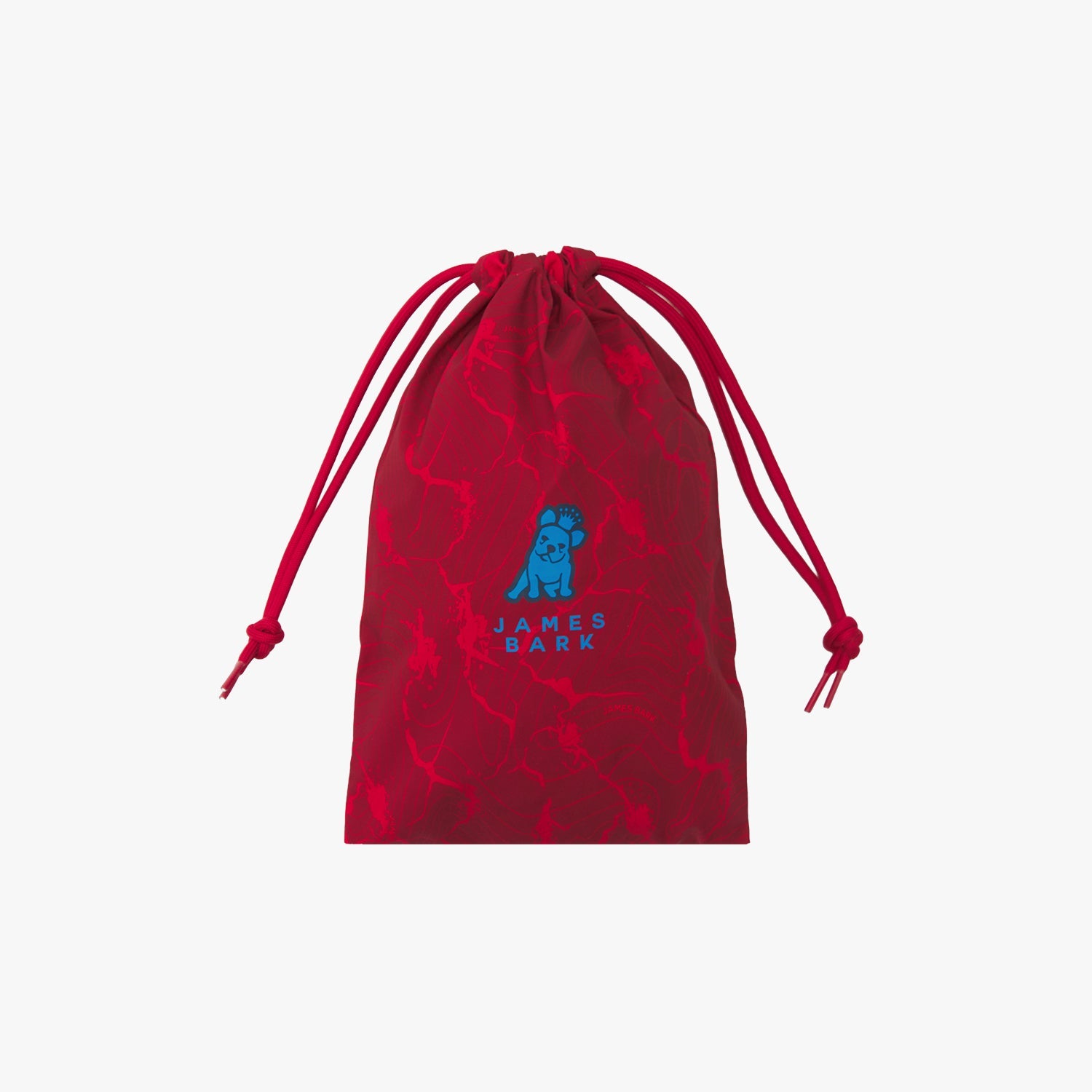 Red drawstring bag with a blue logo and text on a white background