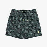 Tropical leaf patterned shorts on a white background