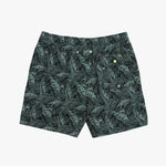 Back of the green leaf-patterned shorts on a white background
