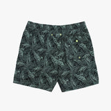 Back of the green leaf-patterned shorts on a white background