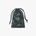 Drawstring bag with leaf pattern on a light gray background