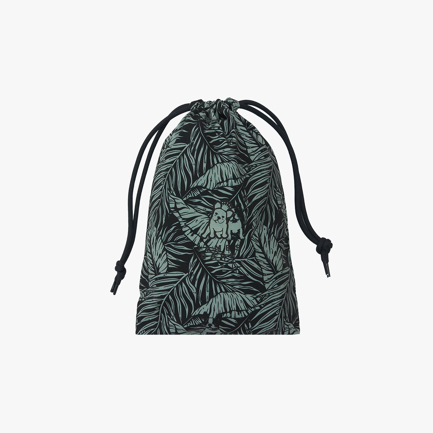 Drawstring bag with leaf pattern on a light gray background