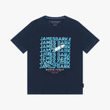 A navy blue short-sleeve t-shirt with a large light blue and white graphic print on the front featuring the brand name 'JAMES BARK' repeated in a wave pattern on a light gray background.
