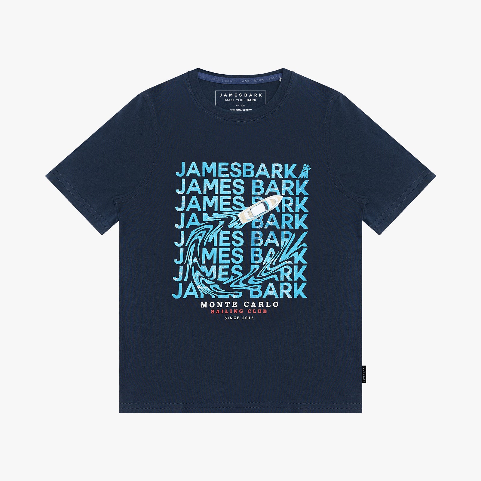 A navy blue short-sleeve t-shirt with a large light blue and white graphic print on the front featuring the brand name 'JAMES BARK' repeated in a wave pattern on a light gray background.