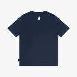 A navy blue short-sleeve t-shirt shown from the back, featuring a small white dog graphic printed on the upper center back.