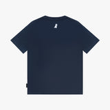 A navy blue short-sleeve t-shirt shown from the back, featuring a small white dog graphic printed on the upper center back.