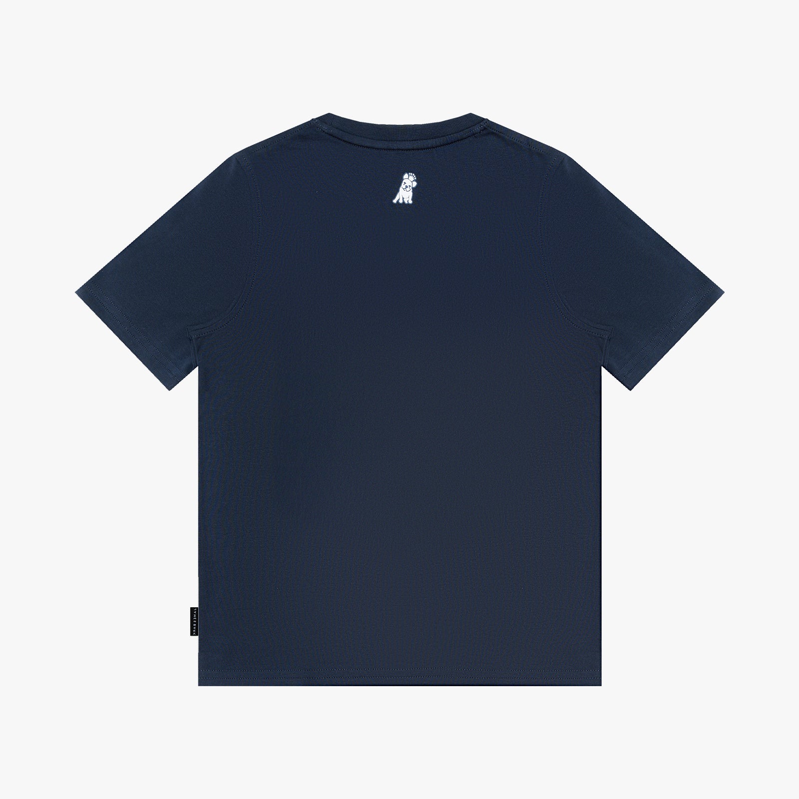 A navy blue short-sleeve t-shirt shown from the back, featuring a small white dog graphic printed on the upper center back.