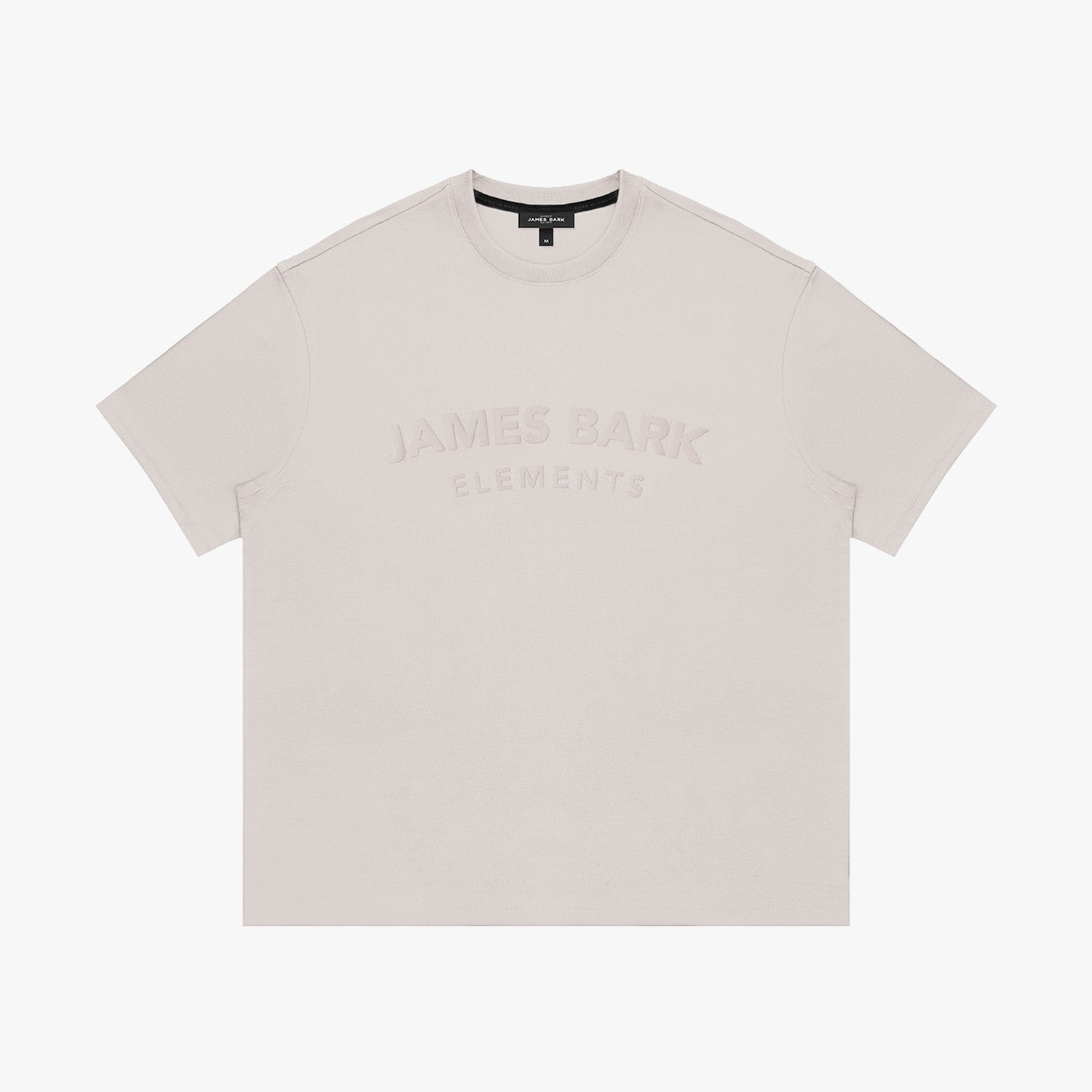 Beige t-shirt with 'JAMES BARK ELEMENTS' text on a white background