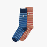 Two pairs of striped socks, one blue and one brown, on a white background.
