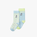 Pair of light blue and green socks with patterned design on a white background