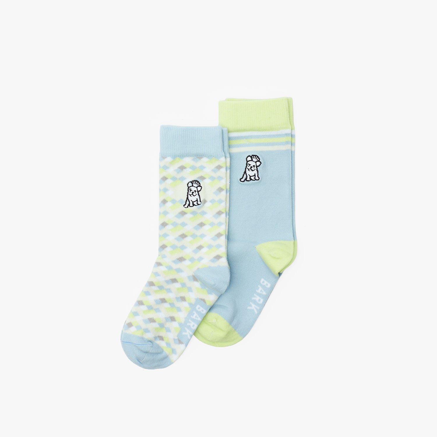 Pair of light blue and green socks with patterned design on a white background