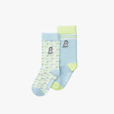 Pair of light blue and green socks with patterned design on a white background