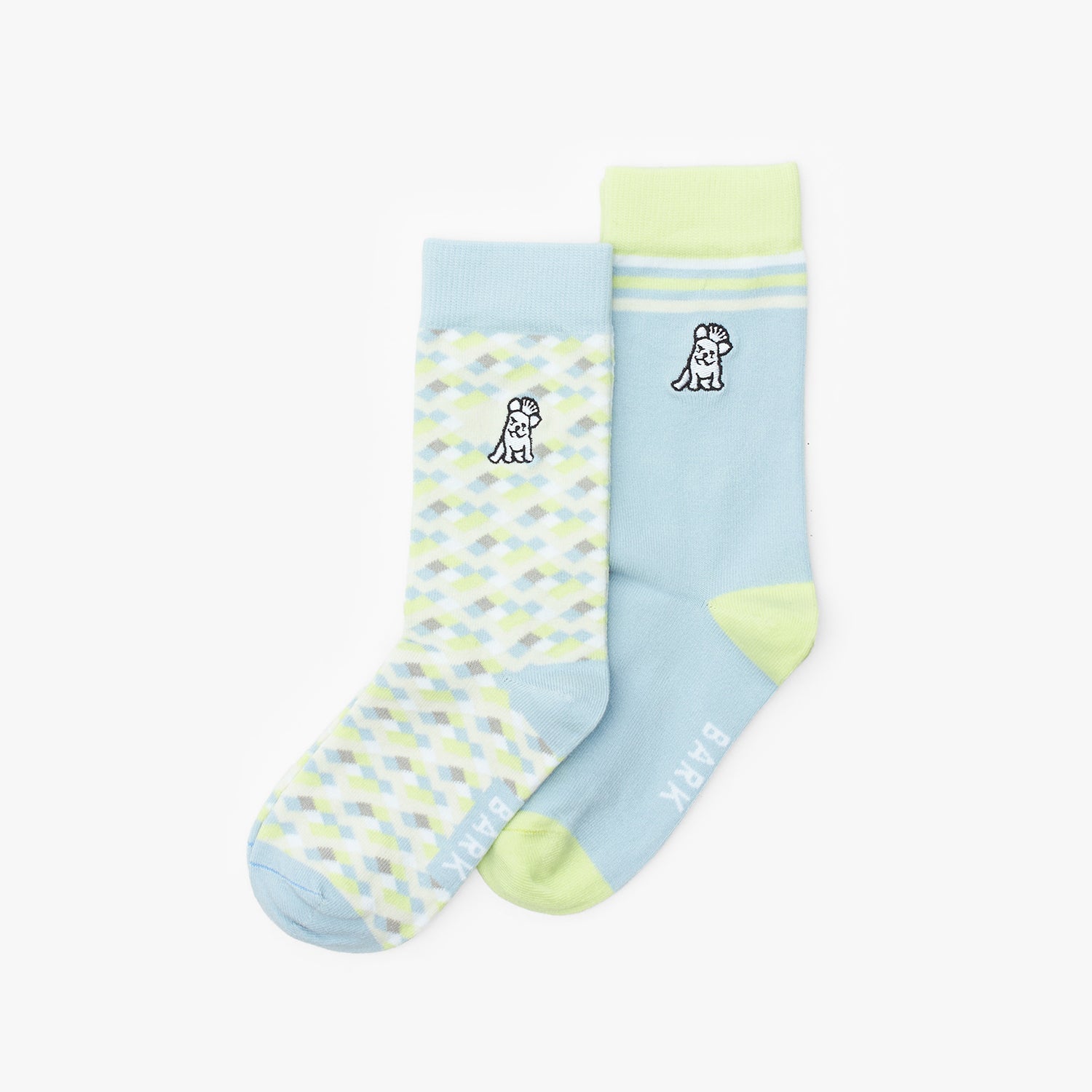 Two socks with patterned design on a white background