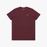 Maroon t-shirt with a small logo on the chest against a white background