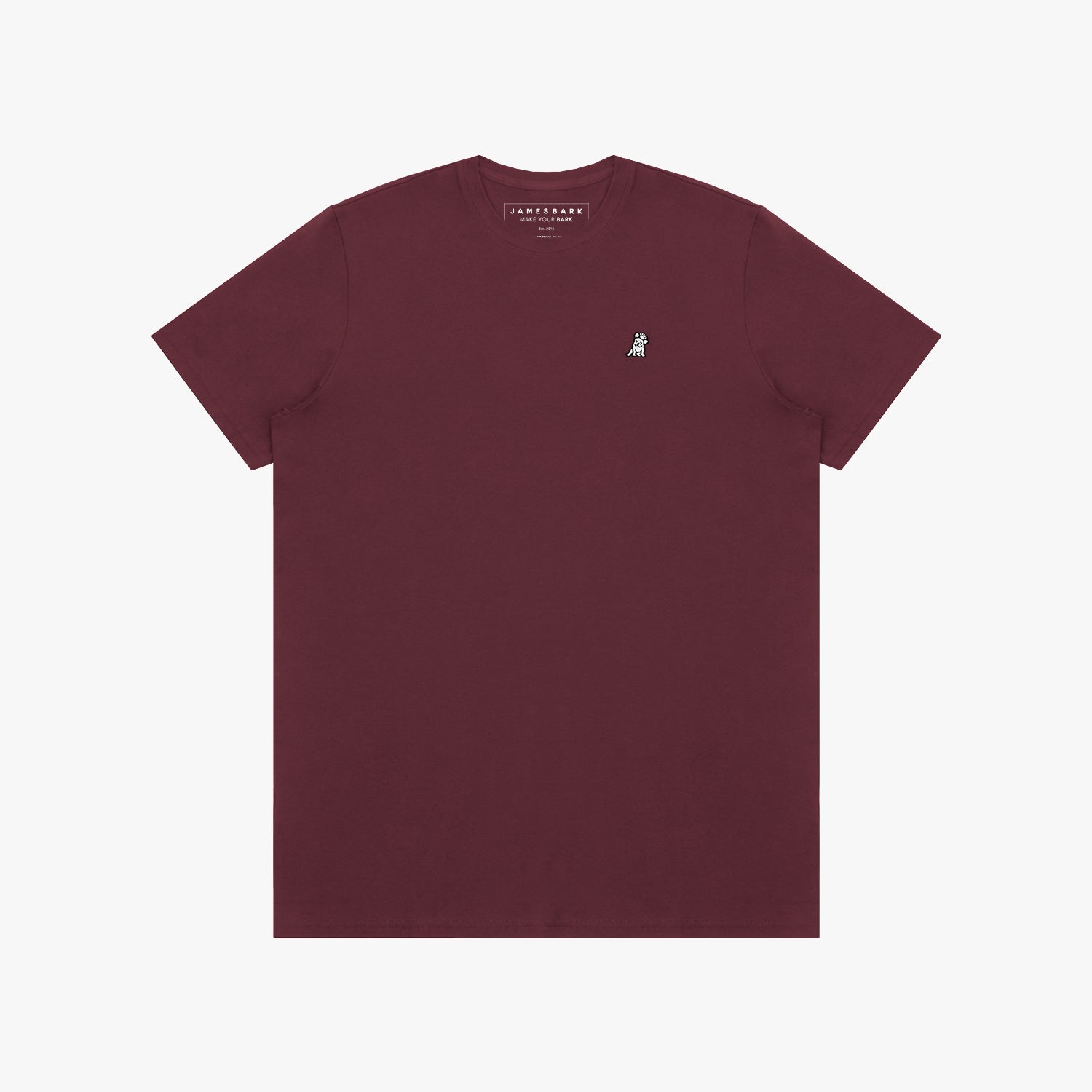 Maroon t-shirt with a small logo on the chest against a white background