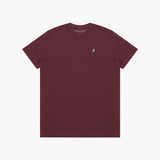 Maroon t-shirt with a small logo on the chest against a white background