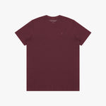Maroon t-shirt with a small logo on the chest against a white background