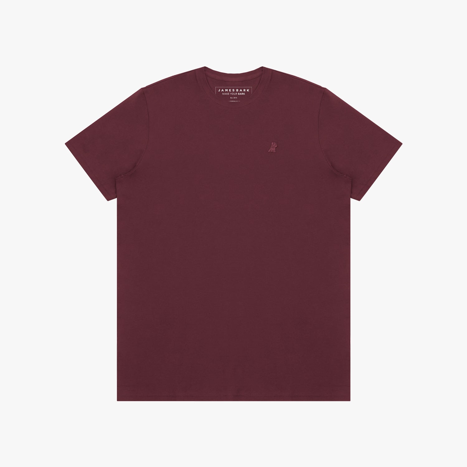 Maroon t-shirt with a small logo on the chest against a white background