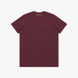 Maroon t-shirt with a small logo on the chest against a white background