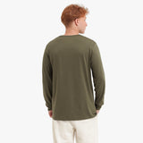 Back view of a man in a long-sleeved olive green t-shirt.