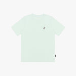 A pale mint green T-shirt with a small embroidered dog logo on the left chest, displayed flat