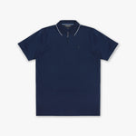 A navy blue short-sleeve polo shirt with white contrast piping on the collar and sleeve edges, featuring a half-zip collar and a small embroidered logo on the left chest, displayed against a light gray background.