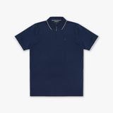 A navy blue short-sleeve polo shirt with white contrast piping on the collar and sleeve edges, featuring a half-zip collar and a small embroidered logo on the left chest, displayed against a light gray background.