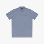 A light blue short-sleeve polo shirt with a half-zip collar, white piping, and a small embroidered logo on the left chest, displayed against a solid off-white background.