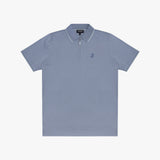 A light blue short-sleeve polo shirt with a half-zip collar, white piping, and a small embroidered logo on the left chest, displayed against a solid off-white background.