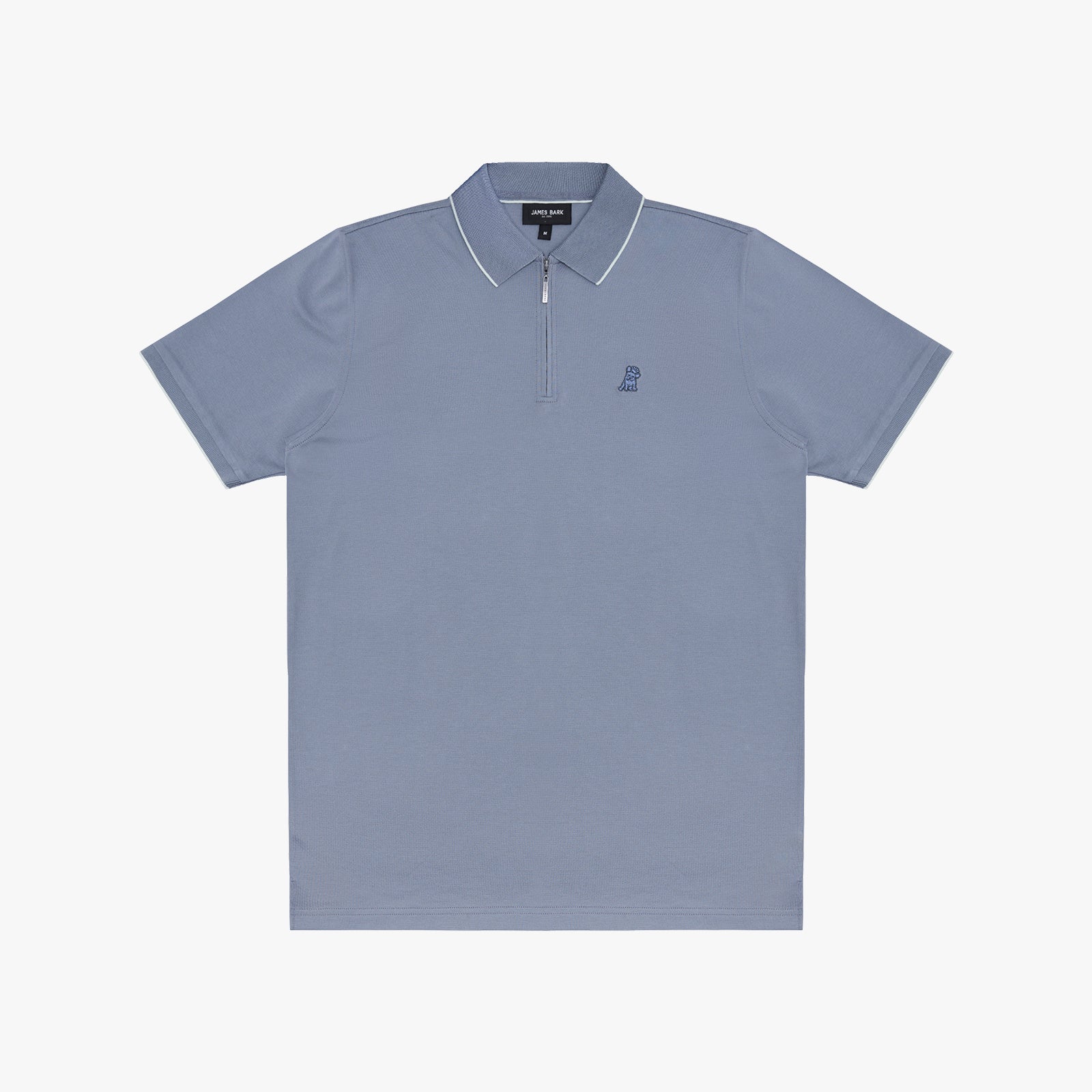 A light blue short-sleeve polo shirt with a half-zip collar, white piping, and a small embroidered logo on the left chest, displayed against a solid off-white background.