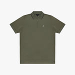 An olive green short-sleeve polo shirt with a half-zip collar and a small embroidered logo on the left chest, displayed flat against a light gray background.