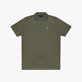 An olive green short-sleeve polo shirt with a half-zip collar and a small embroidered logo on the left chest, displayed flat against a light gray background.