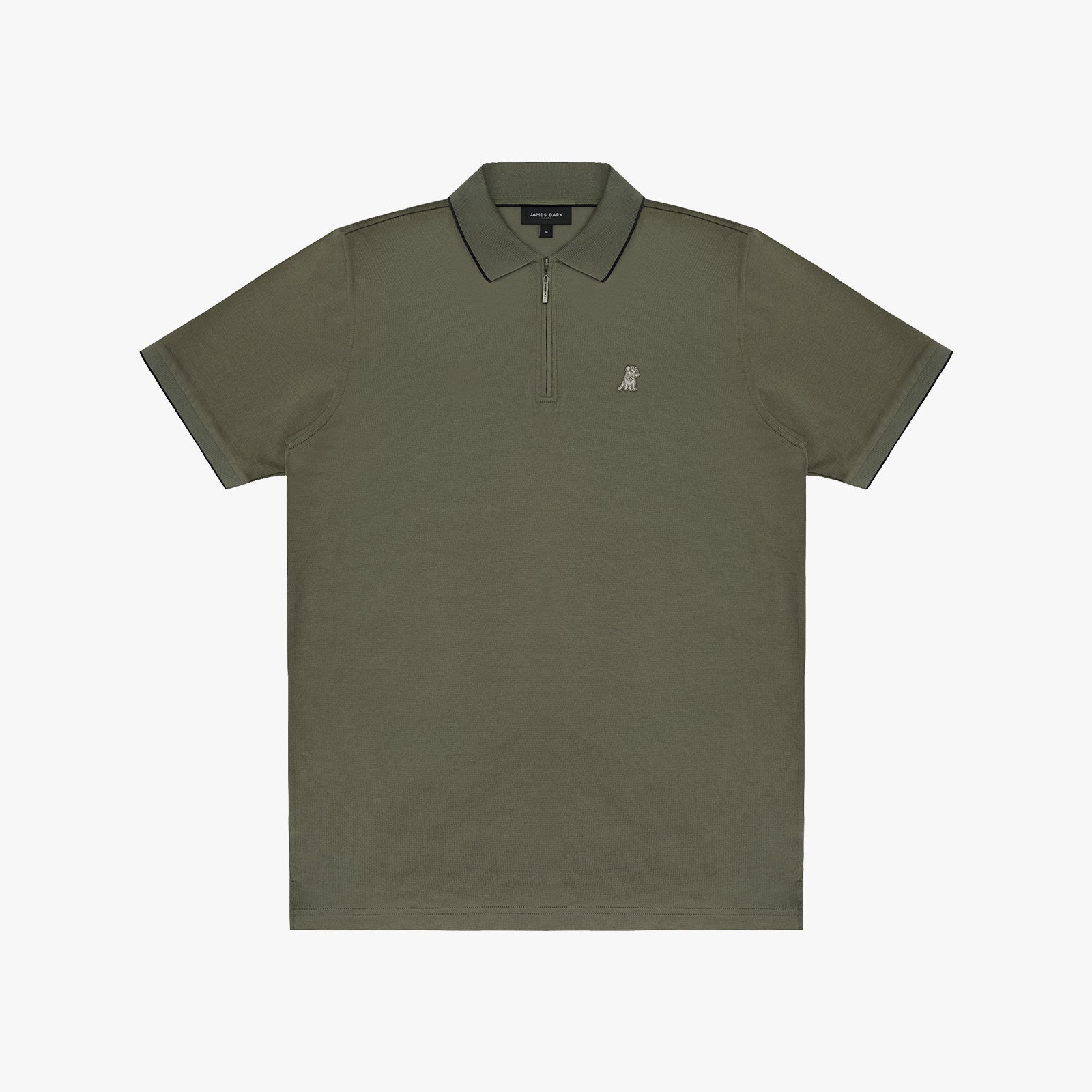An olive green short-sleeve polo shirt with a half-zip collar and a small embroidered logo on the left chest, displayed flat against a light gray background.